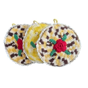 Handmade- Retro- rose yellow pot holder- intricate knitting 3d design- set of 3 - Picture 1 of 11