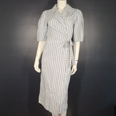 Ganni женщин надежном платье в полоску v-образным вырезом хлопок Puff рукав синий нам размер 4 ЕС 36 - Изображение 1 из 4