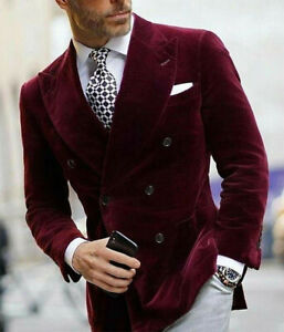 Burgundy Velvet Mens Suit Double Breasted Smoking Jackets Dinner Blazers Tuxedos