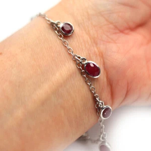 Heated 5 x 7 MM. Pink Ruby 925 Sterling Silver White Gold Plated Bracelet 8" - Picture 1 of 5