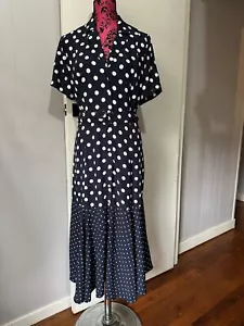Trenery 14 Dress A Line Navy White Polka Dot Pockets Fluted Hem Belt New - Picture 1 of 14
