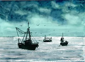 Fischerboote auf See, blaue Fischerboote, Fischerboot Wanddekor, glänzendes Meer - Bild 1 von 1