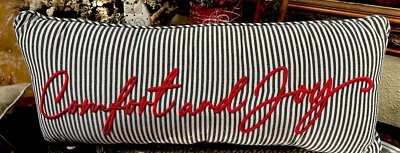 Rectangle/Bolster Pillow-Black Ticking-COMFORT AND JOY In Red Cursive-22 X 9 - Image 1 of 4