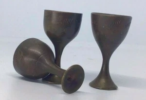 Antique Rare UNIQUE Hand Carved Brass Vintage Very Small 3 Cup Goblet Flower - Picture 1 of 12