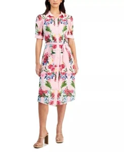 NEW Tahari Pink Floral Button-Down Midi Shirt Dress Medium Feminine - Picture 1 of 13
