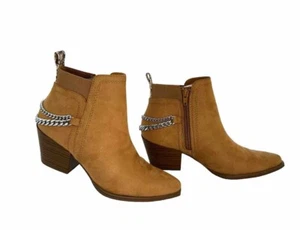 Soda Women Ankle Boots Zipper Chain Booties Block Heel Pointed Toe Tan QUE 6.5 - Picture 1 of 9