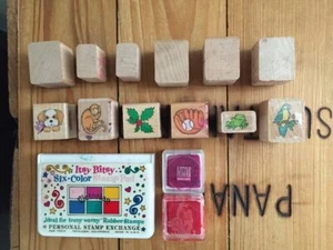 Lot 12 Small Rubber Stamps Jungle Animals Nature Monkey Frog Dog Flowers Inkpads - Picture 1 of 11