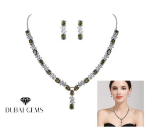 White gold finish love and kisses green peridot created diamond necklace set - Picture 1 of 9