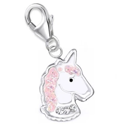 Rosa Glitzer Kristall Einhorn Charm Anhänger 925 Silber Mädchen Kinder Pferd - Bild 1 von 3