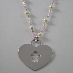Silver Necklace 925 Rhodium With White Pearls From 4 MM And Pendant Girl Heart - Picture 1 of 1