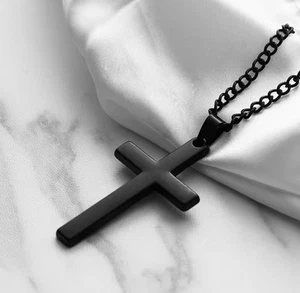Unisex Chain Necklace Black Cross Stainless Steel Pendant Rosary Jesus Men's UK - Picture 1 of 4