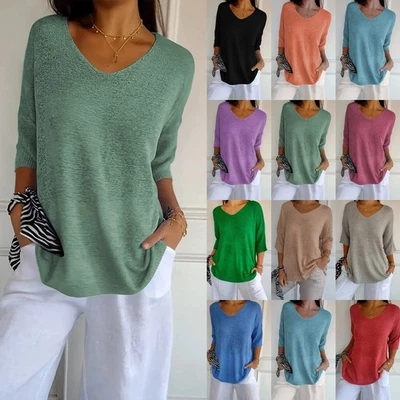 Ladies Autumn 3/4 Sleeves Jumper Knitted Tops Casual Baggy Pullover UK PLUS SIZE - Image 1 of 4