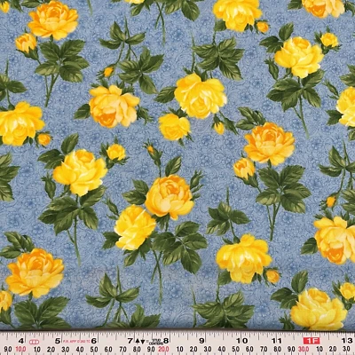 Coventry Style by Hoffman Fabrics Yellow Florals Blue Cotton by the HALF YARD - Image 1 of 2
