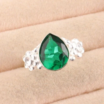 Anillo de plata de ley 925 con piedras preciosas verdes esmeralda creado en laboratorio todas las tallas EB Foto 1 de 4