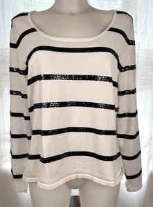 Talbots Shirt Size XL White Scoop neck Black Sequin Stripe Nautical Coastal Mom - Picture 1 of 11