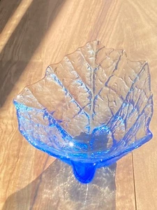 Vintage Mats Jonasson Folia Blue Leaf Frosted Bowl - Picture 1 of 9