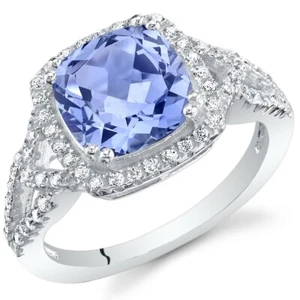 Anillo de halo de corte de cojín de tanzanita simulado de 2 quilates en plata esterlina - Imagen 1 de 3