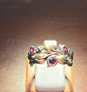 Barbara Bixby Sterling Silver & 18 Kt Gold Vine Ring with Garnet Stones size 8