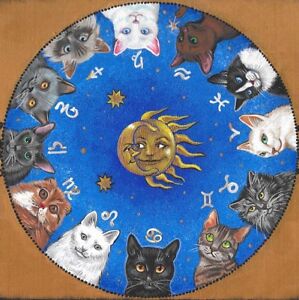 4X4 PRINT OF PAINTING RYTA ZODIAC BLACK TUXEDO CAT PERSIAN Halloween Art Moon 🎃