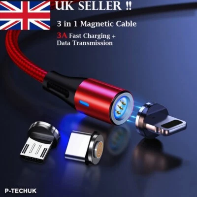 360° 3 in 1 Magnetic Fast Charging USB Data Cable Phone Charger for Samsung A2P - Image 1 of 4