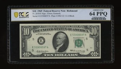 DBR 1969 $10 FRN Richmond Fr. 2018-E PCGS-B 64 PPQ Serial E55908597A - Image 1 of 2