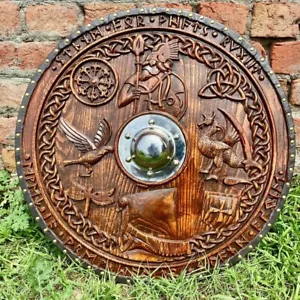Wikinger Holzschild mit Griffgriff - mit Odin’s Rabe Symbol - Bild 1 von 5