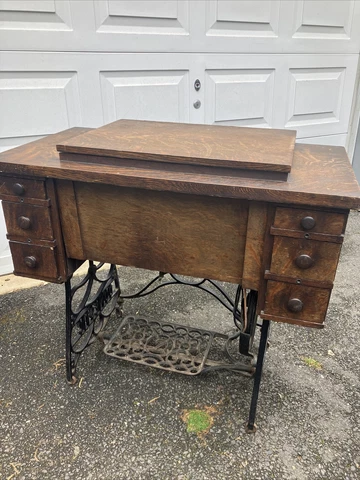 Antique Domestic Vibrato Treadle Sewing Machine, Table, & Cast Iron Base Cover