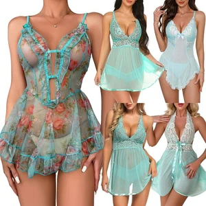 Mujeres Sexy Lencería Natural Verde Vestido Transparente Encaje Suave Prendas para Dormir Tanga Regalo - Imagen 1 de 88