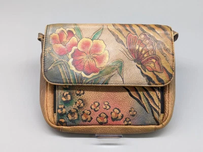 Anuschka Hand Painted Leather Brown Floral Butterflies Flap Crossbody Bag Purse - Image 1 of 4