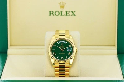 Rolex Day-Date 40 mm President Money bisel estriado verde oro amarillo de 18 quilates, 228238 Foto 1 de 4