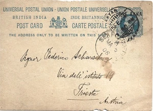 Burma 1906 1.1/2a Blue Overprinted 1a P/S Card from Akyab to Trieste Austria - Picture 1 of 2