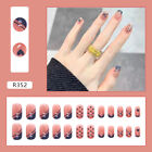 Nude+Pink+Long+Square+Full+Fake+Nails+French+Blue+Dot+Heart+Artificial+Nail+Tips