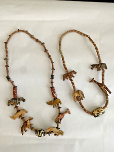 Vintage African Maasai Necklace Hand Carved Wooden Animal Beaded w/ Cowrie Shell