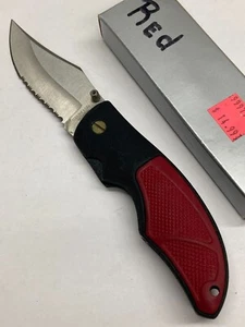 Red Folding Knife w/Combo Drop Point Blade, Thumb Switch - Picture 1 of 16