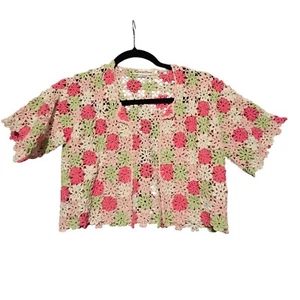 Renattoni Girls Crochet Sweater Cardigan 14 Years Pink Floral Pima Cotton Peru - Picture 1 of 7