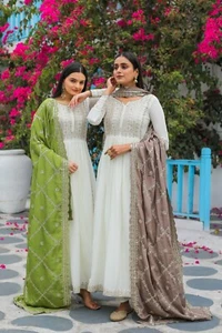 White Anarkali Gown Pakistani Salwar kameez Indian Wedding Dress Bollywood - Picture 1 of 12