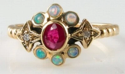 9CT GOLD INDIAN RUBY OPAL and DIAMOND SUN MOON STAR ART DECO INS CLUSTER RING  - Image 1 of 4