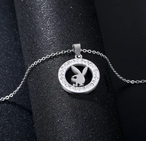 Titanium Unisex Punk Round Silver Rabbit Playboy Pave CZ Pendant Chain Necklace - Picture 1 of 3