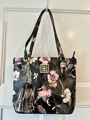 Liz Claiborne 中号黑色和粉红色花卉钱包 带流苏和金色标志 很好! — 第 1/4 张图片