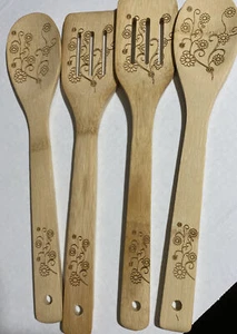 Bamboo Wooden spoons /Utensils 4 Piece Set 12" W/ Floral Design wooden spatula - Picture 1 of 5