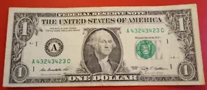 $1 One Dollar Fancy Trinary Serial Number A43243423C Series 2009 - Picture 1 of 2