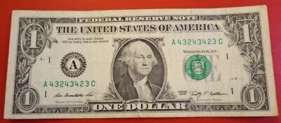 $1 One Dollar Fancy Trinary Serial Number A43243423C Series 2009 - Image 1 of 2