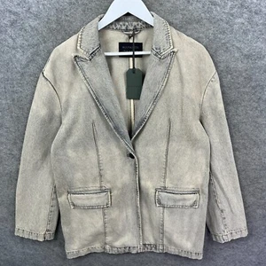 AllSaints Jacket Womens 10 Grey Sandi Denim Blazer Biker Chore Safari Overcoat - Picture 1 of 9