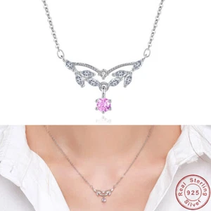 AAA CZ Pink Fresh Leaves 925 Sterling Silver Necklace Clavicular Chain For Women - Bild 1 von 8
