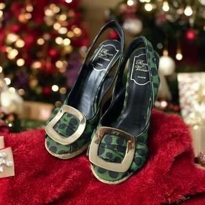 SALE Gorgeous Roger Vivier Espadrilles Wedge Green Polka Dot Buckle Sandals 36 - Picture 1 of 7