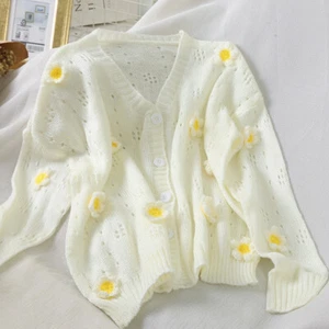 Girl 3D Floral Cardigan Knitted Jacket Coat Sweater Tops Knitwear Sweet Cute Top - Picture 1 of 8