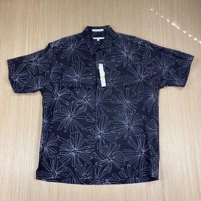 Vtge Perry Ellis Shirt Mens Lg Black Silk Linen All Over Floral Slubbed Texture - Image 1 of 4