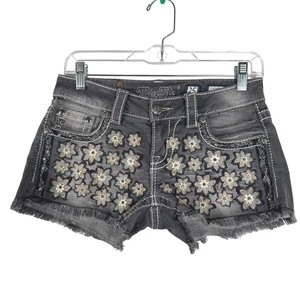 Miss Me Denim Shorts Size 25 Charcoal Floral Embellished Bling SS-2004 - Picture 1 of 9