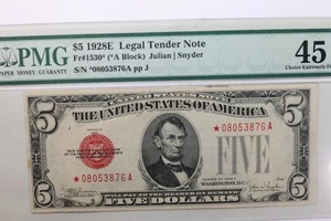 1928 E, $5., Legal Tender Note., *STAR NOTE*., PMG XF-45., Store #GLT015 - Picture 1 of 2