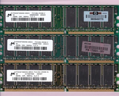 768MB 3x256MB PC-2100 MICRON MT8VDDT3264AG-265C4 HP 175924-001 DDR-266 DDR1 Kit - Image 1 of 2